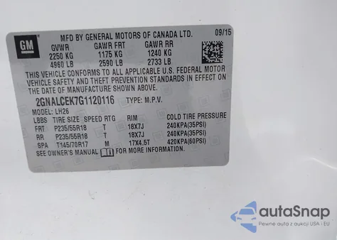 2016 Chevrolet Equinox Lt z USA, uszkodzony, nr VIN 2GNALCEK7G1120116